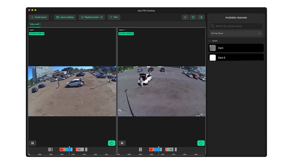 Synchronisierte Videoaufzeichnungen von mehreren Kameras innerhalb einer Videowand