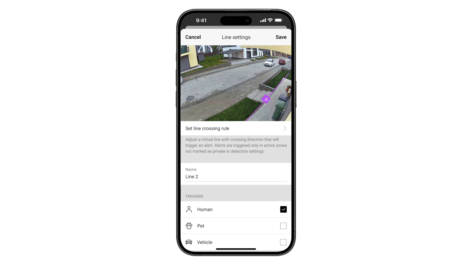 Choosing the object types that Line crossing detection responds to