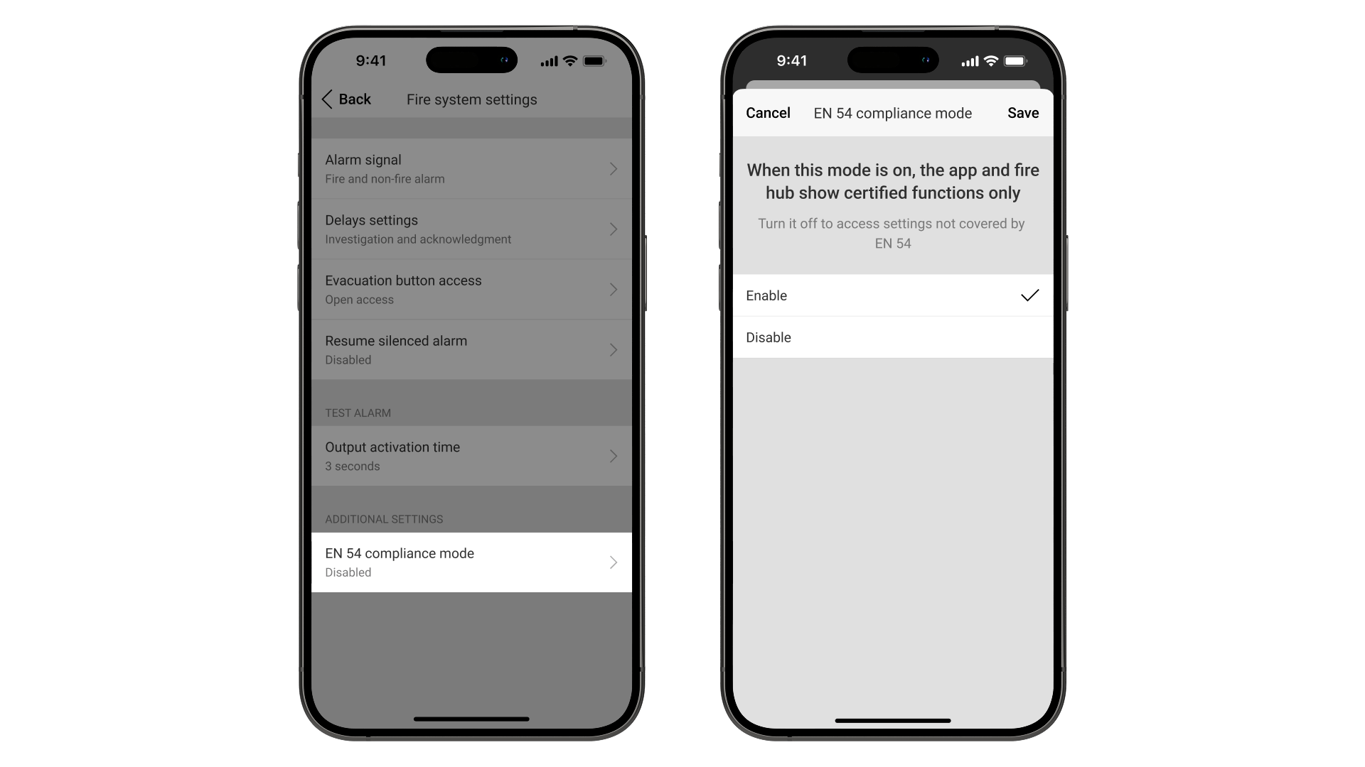 Activación del modo de cumplimiento EN 54.