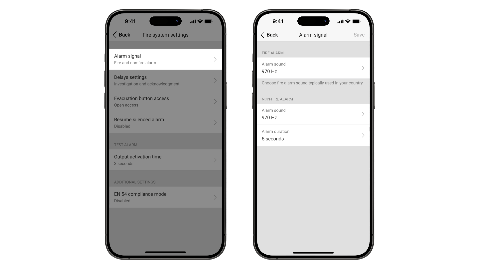 Configuración del patrón de sonido de alarma de no incendio.